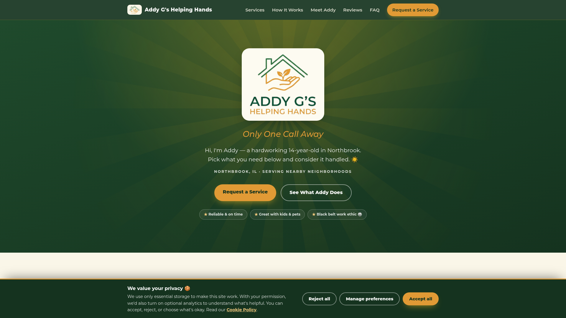 Home page of Addy G's Helping Hands, a youth entrepreneur website for an East Valley, AZ client