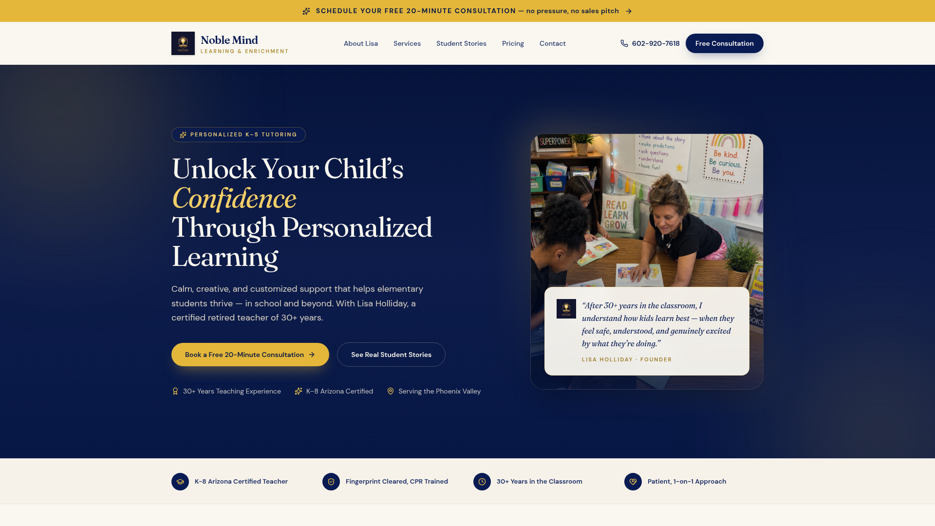 Home page of Noble Mind Learning & Enrichment, a tutoring practice site Fuzion Sites launched for a Gilbert, AZ client