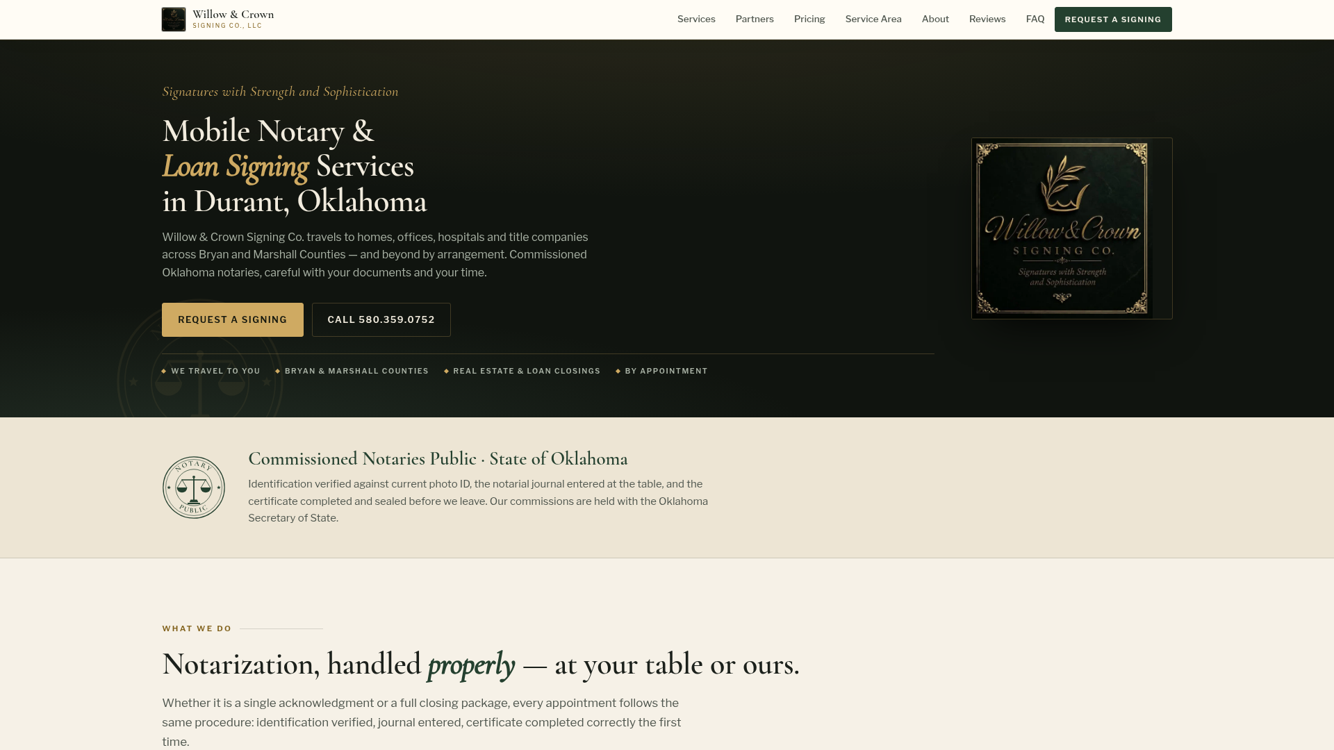 Screenshot of the Willow & Crown Signing Company website